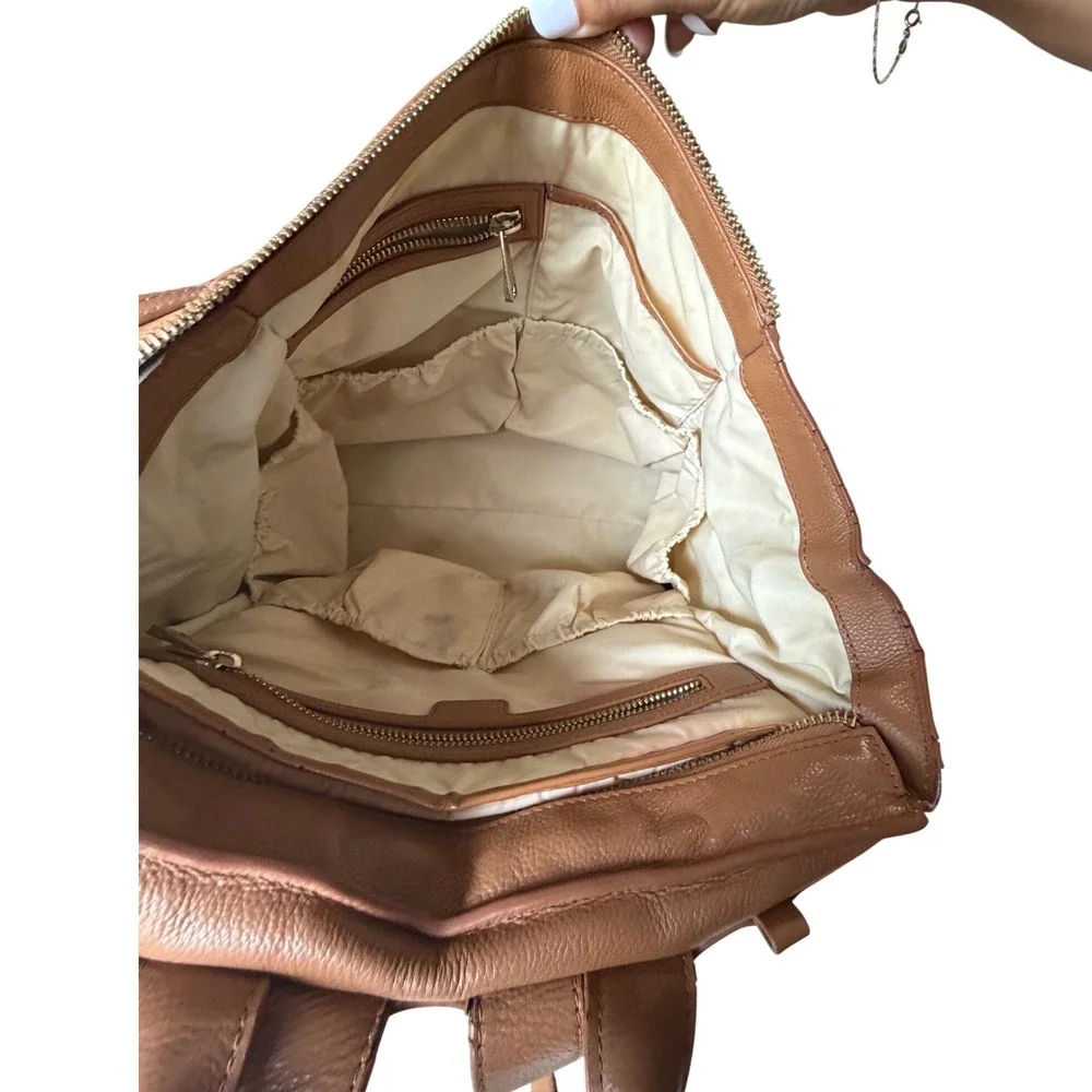 Mina Baie Stevie Tan Pebbled Leather Backpack Diaper Bag Gold Hardware